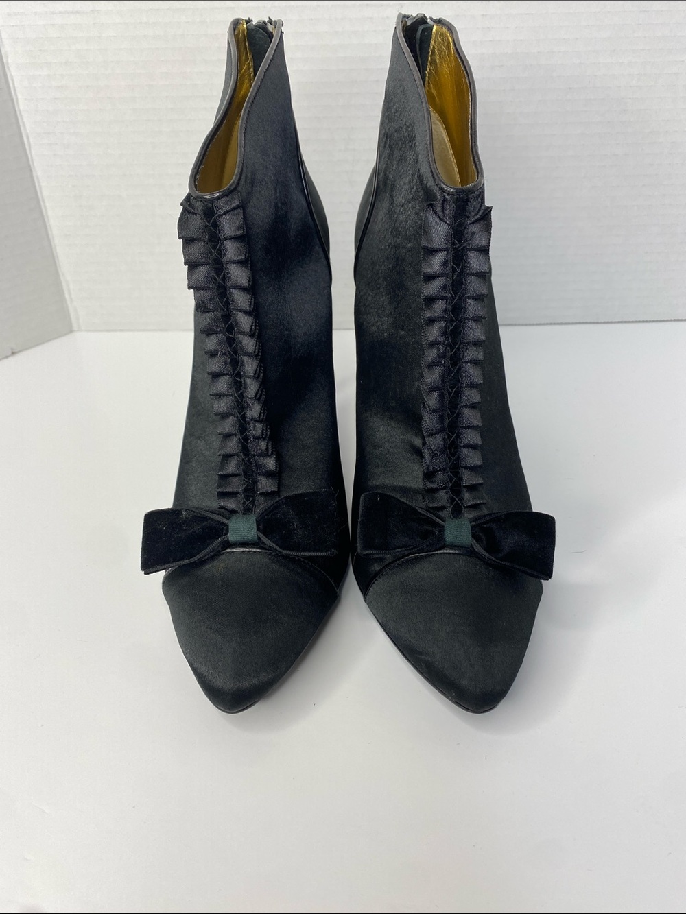 Hale Bob Classic Black satin Ankle Booties with velvet Bow - Picture 2 of 8